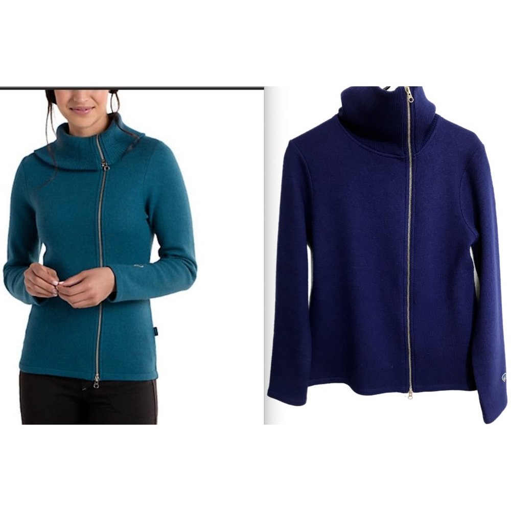 Kuhl Women's Large Asymmetrical Full Zip Cobalt Blue 100% Merino Prague Sweater